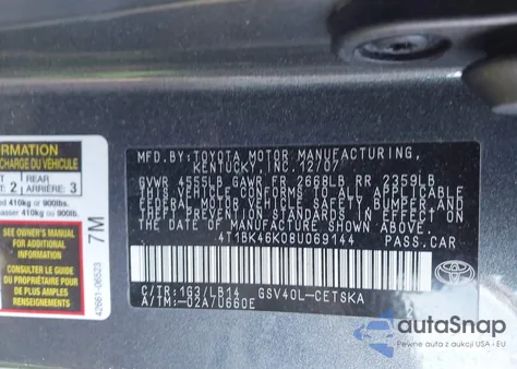 2008 Toyota Camry Se V6 z USA, uszkodzony, nr VIN 4T1BK46K08U069144